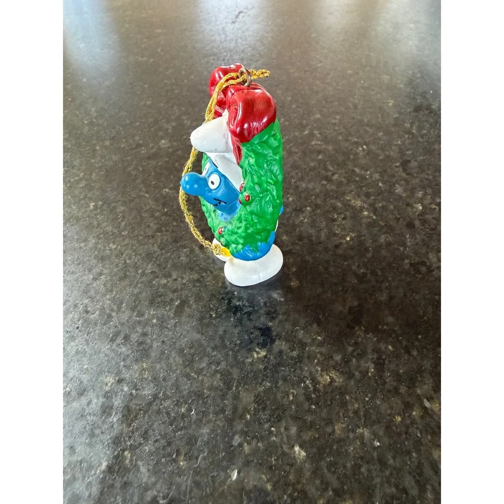 Lot 2 vintage Christmas ornament Smurf wreath gold cord Schleich Peyo